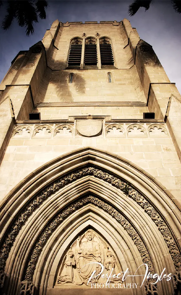 Gothic cathedral facade with carved archway