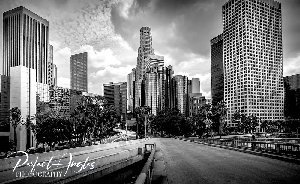Black and white view of the downtown Los Angeles skyline